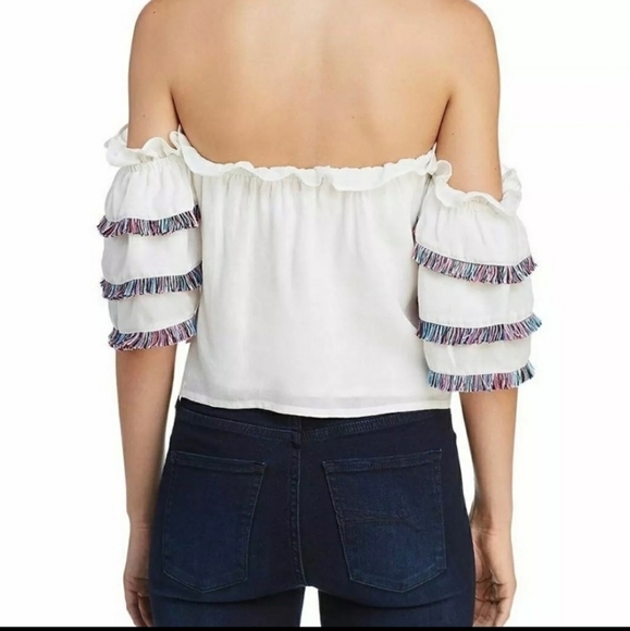 Red Carter x Anthropologie Off The Shoulder Tiered Fringe Sleeve Tassel Crop Top - Picture 5 of 13